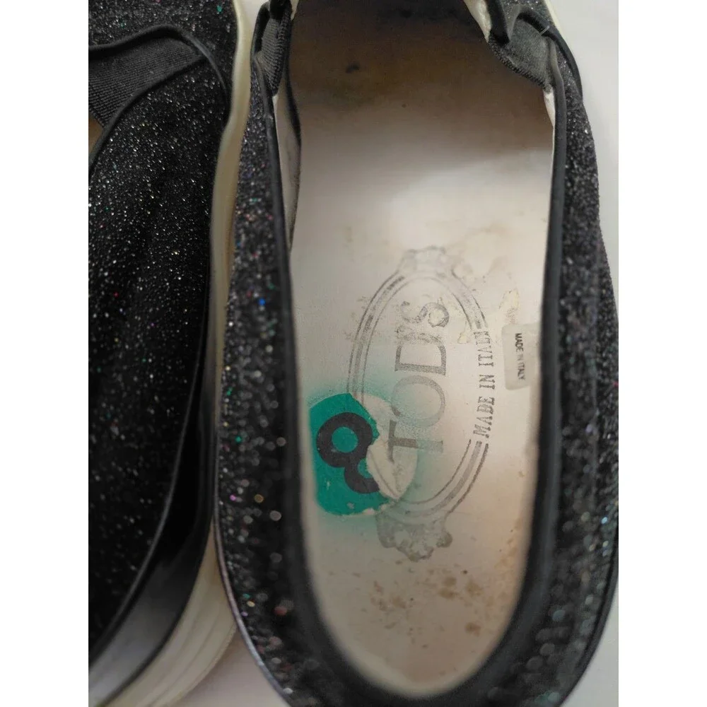 Tods Women's Slip On Black Glitter Loafer Shoes Size EU38/US 8